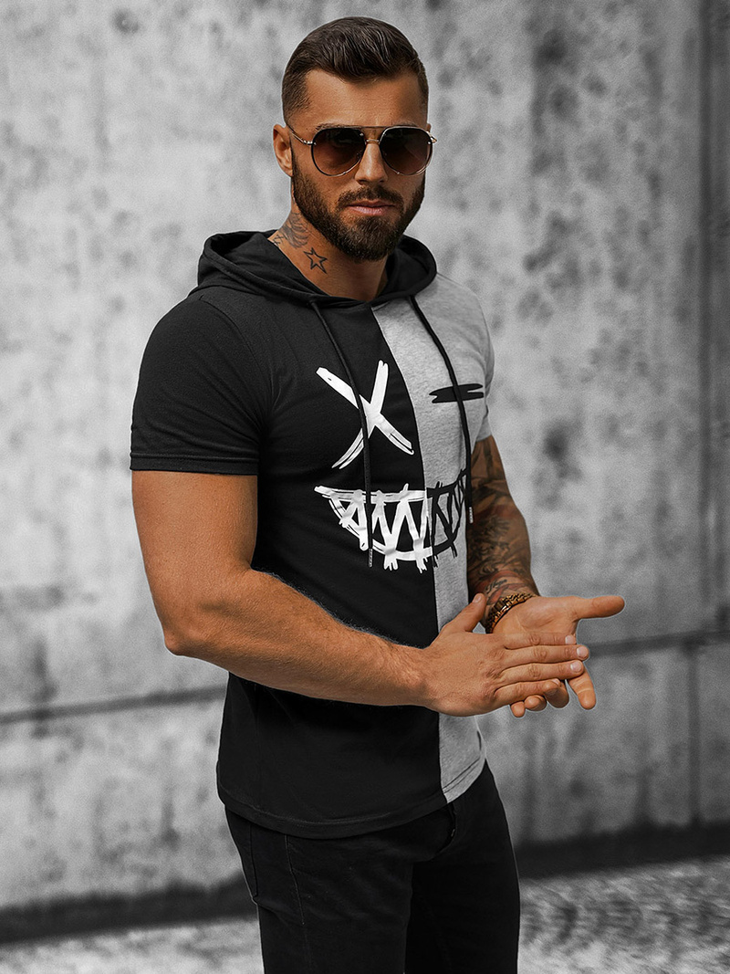 T-Shirt męski z kapturem czarno-szary OZONEE JS/8T981