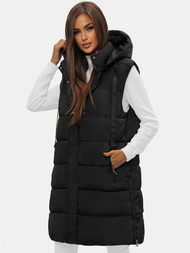 Kamizelka damska długa pikowana z kapturem czarna OZONEE O/81276