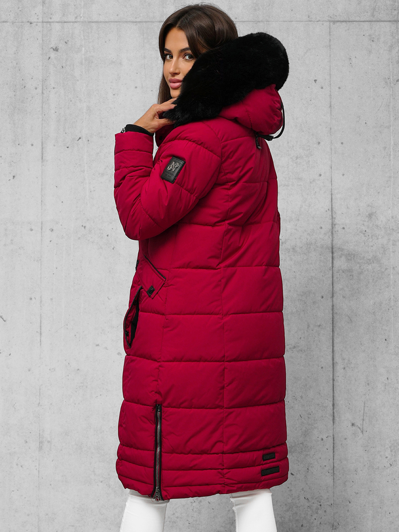 Kurtka zimowa damska długa pikowana ciemno-czerwona OZONEE O/W377