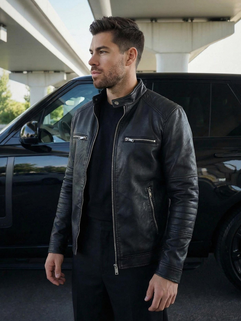 Чоловіча шкіряна куртка Чорна OZONEE JS/11Z8066