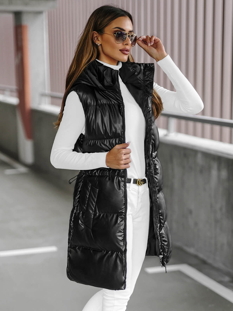 Kamizelka damska długa pikowana czarna OZONEE JS/5M3186/392Z