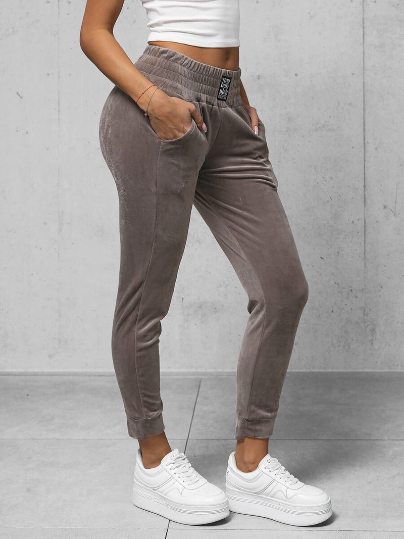 Spodnie dresowe damskie welurowe ciemno-beżowe OZONEE O/CR98108