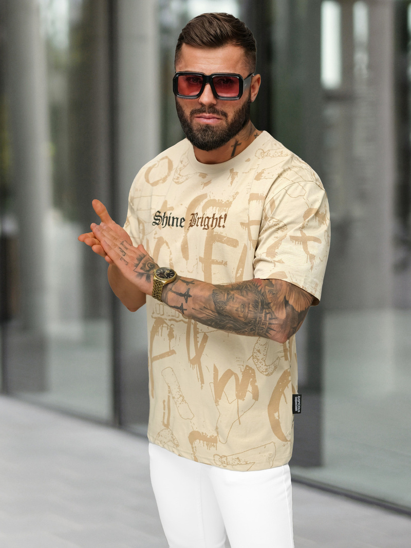 T-shirt męski loose fit beżowy OZONEE O/YN2/621