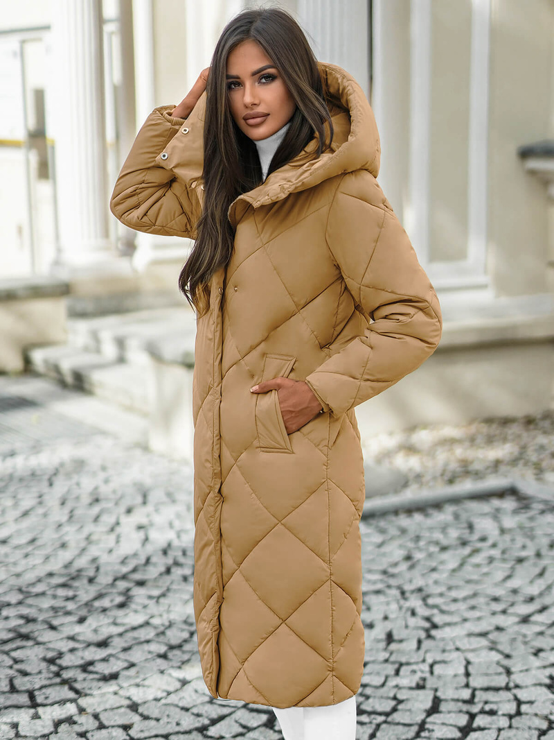 Kurtka zimowa damska długa pikowana camelowa OZONEE JS/5M3173/84Z