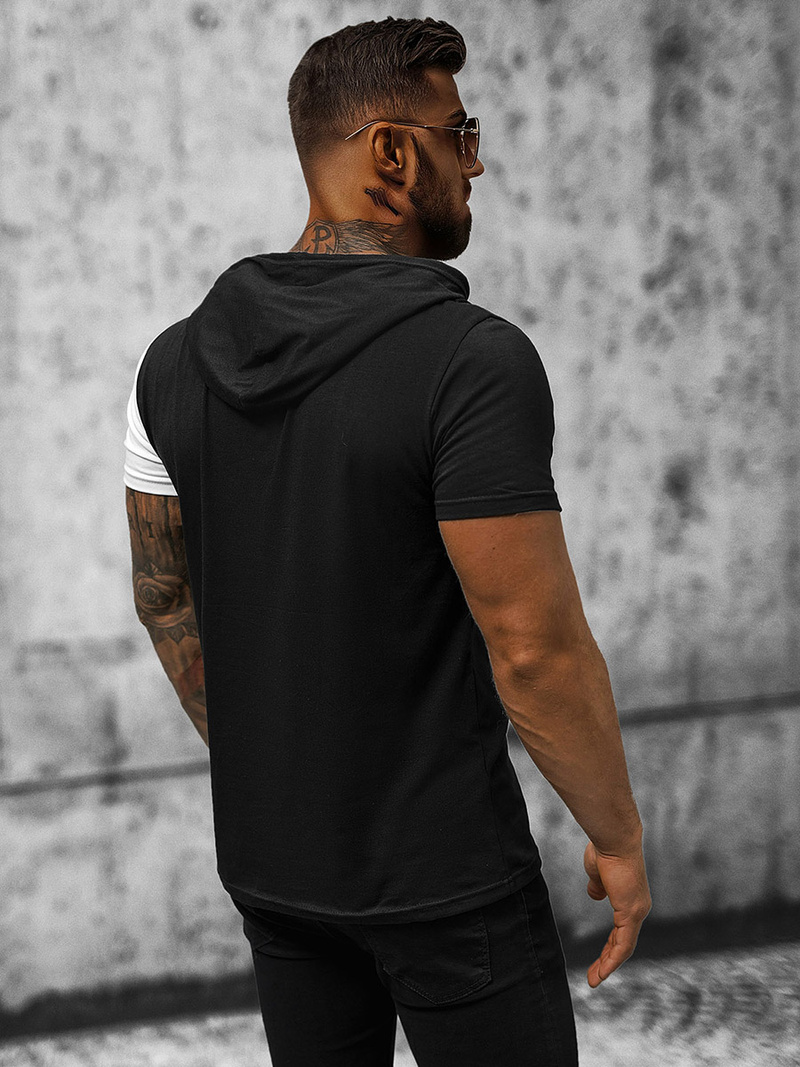T-Shirt męski z kapturem czarno-biały OZONEE JS/8T981