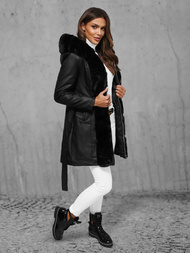 Kurtka zimowa skórzana damska z futerkiem czarna OZONEE JS/11Z8059