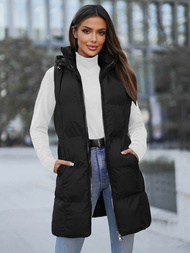 Kamizelka damska długa pikowana z kapturem czarna OZONEE JS/M721/392Z