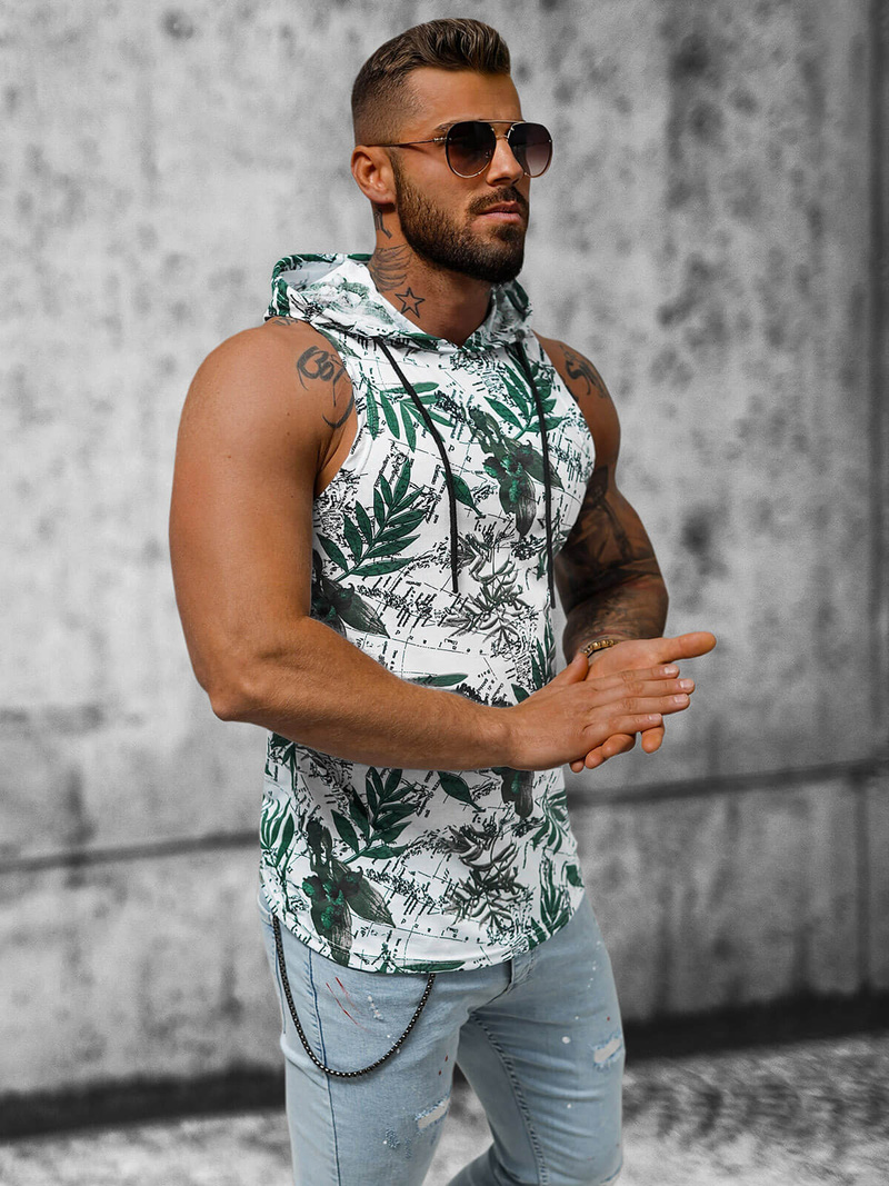 Koszulka bez rękawów męska z nadrukiem biało-zielona OZONEE O/BL307Z