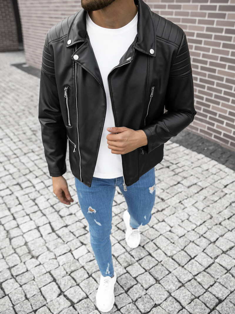 Kurtka skórzana męska ramoneska czarna OZONEE O/5623