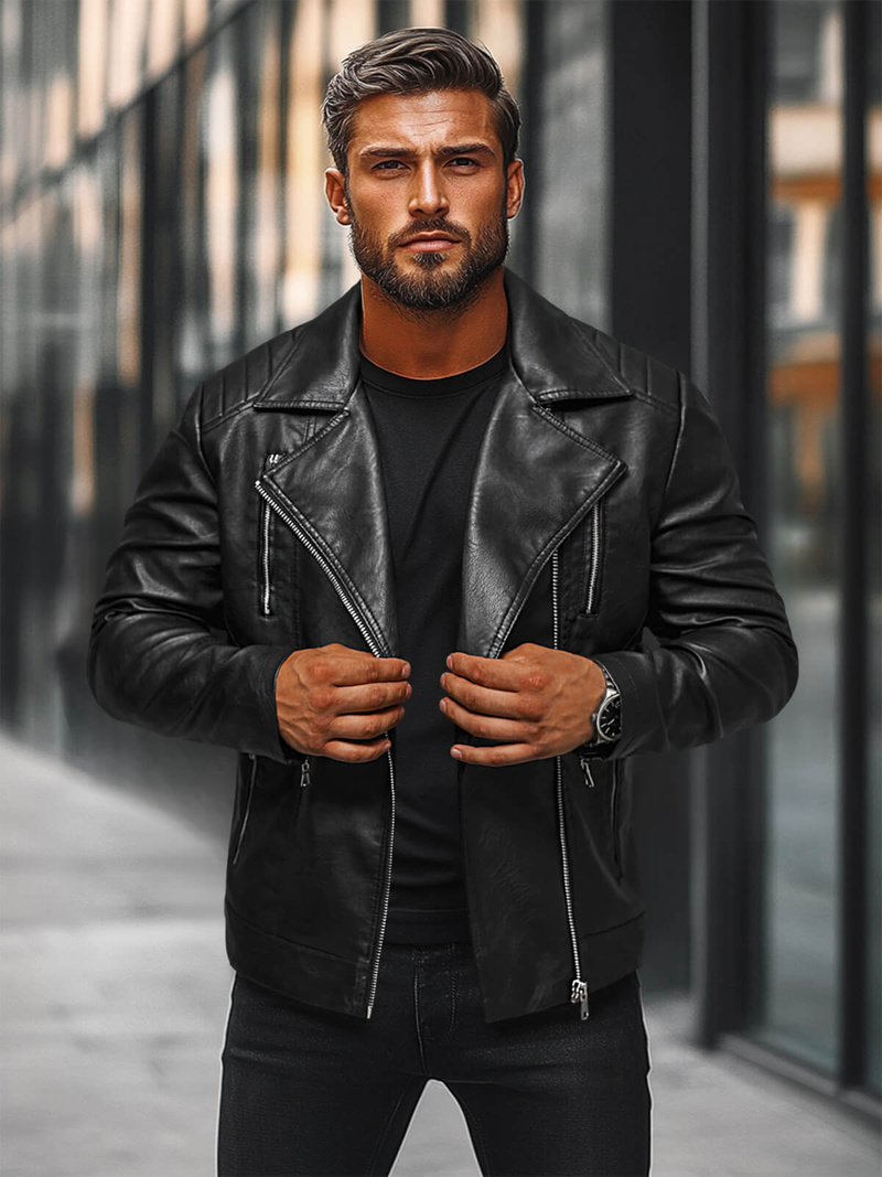 Чоловіча шкіряна куртка Чорна OZONEE JS/11Z8067Z