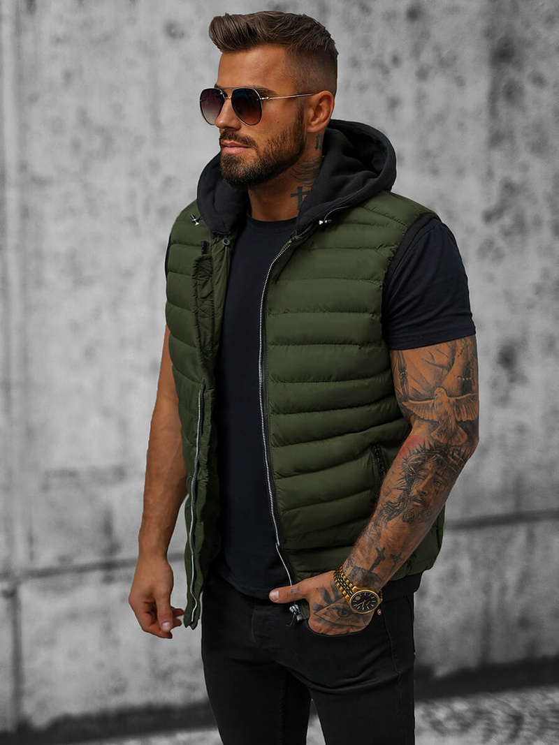 Kamizelka męska pikowana z kapturem khaki OZONEE N/7135Z