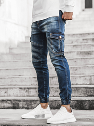 Spodnie jeansowe joggery męskie ciemno-niebieskie OZONEE G/1064