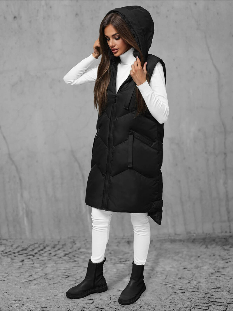 Kamizelka damska długa pikowana z kapturem czarna OZONEE JS/M788/392Z