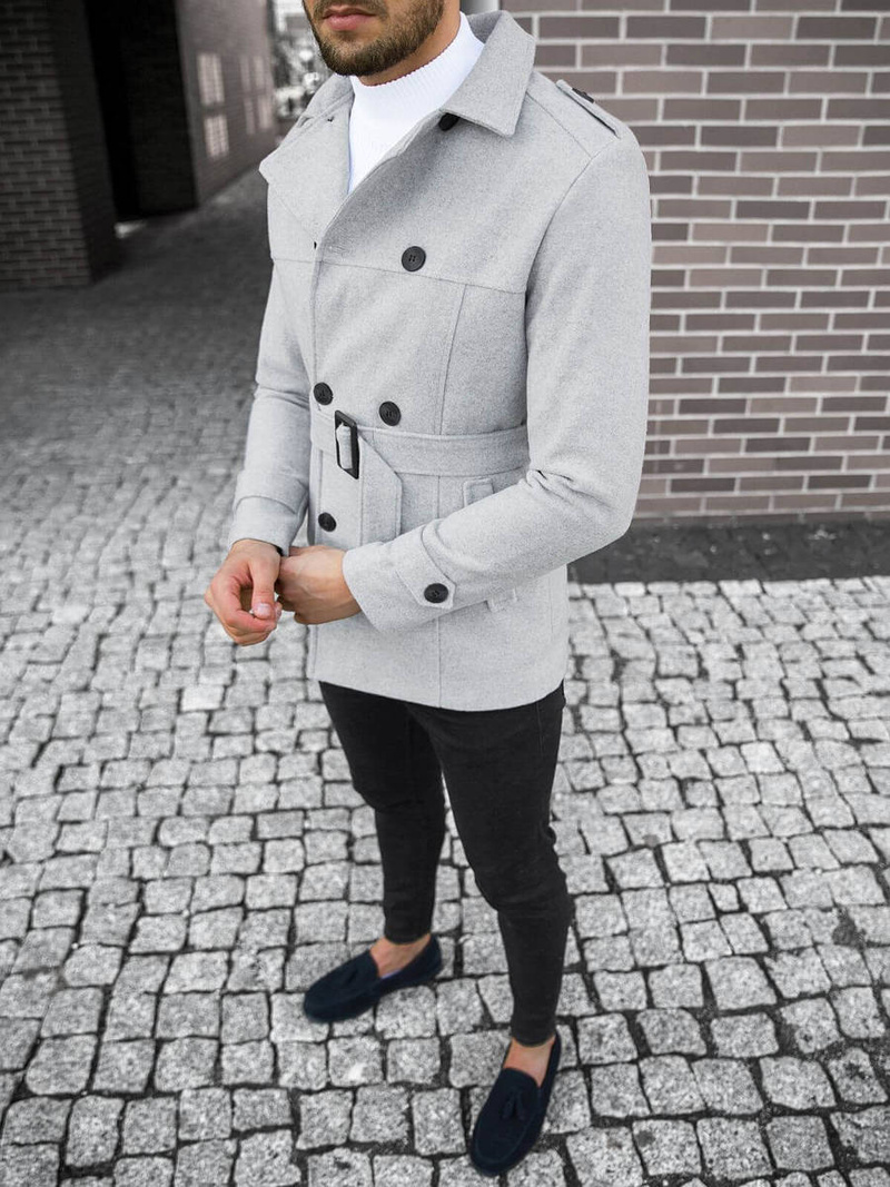 Płaszcz męski z pagonami jasno-szary OZONEE O/5627