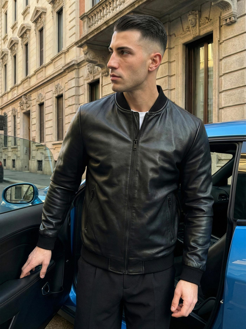 Kurtka skórzana męska bomberka czarna OZONEE JS/11Z8105Z