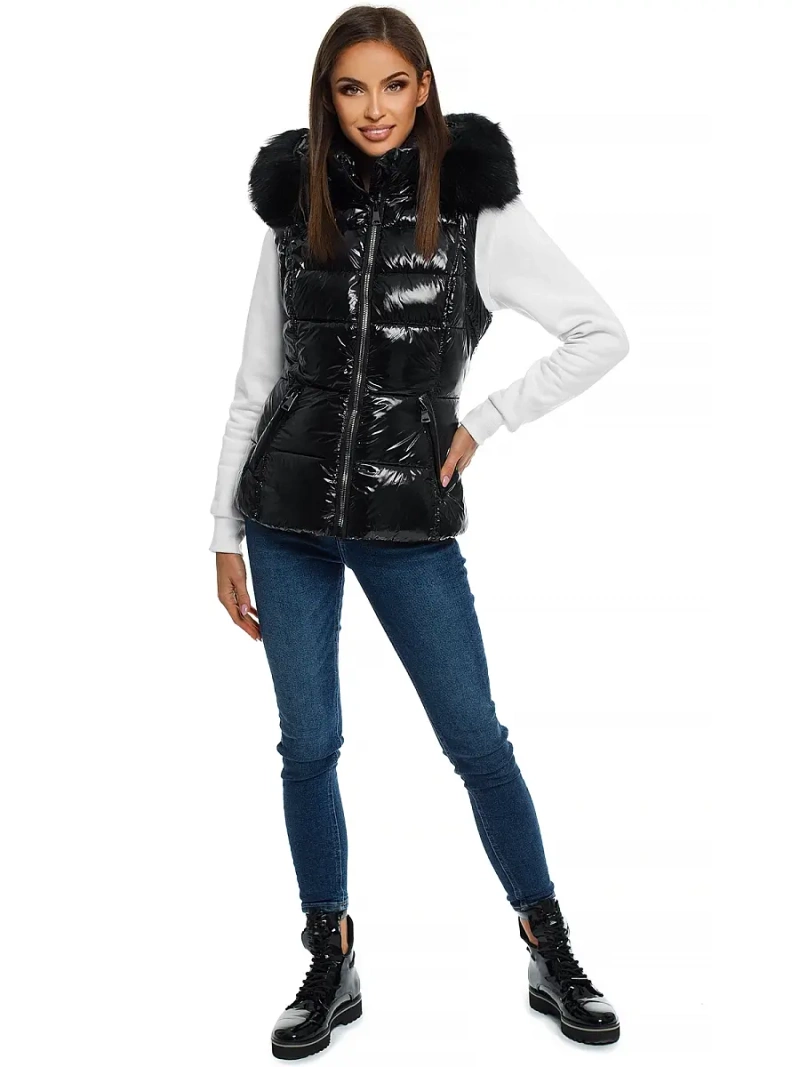 Kamizelka damska pikowana z futerkiem czarna OZONEE O/DK027/1