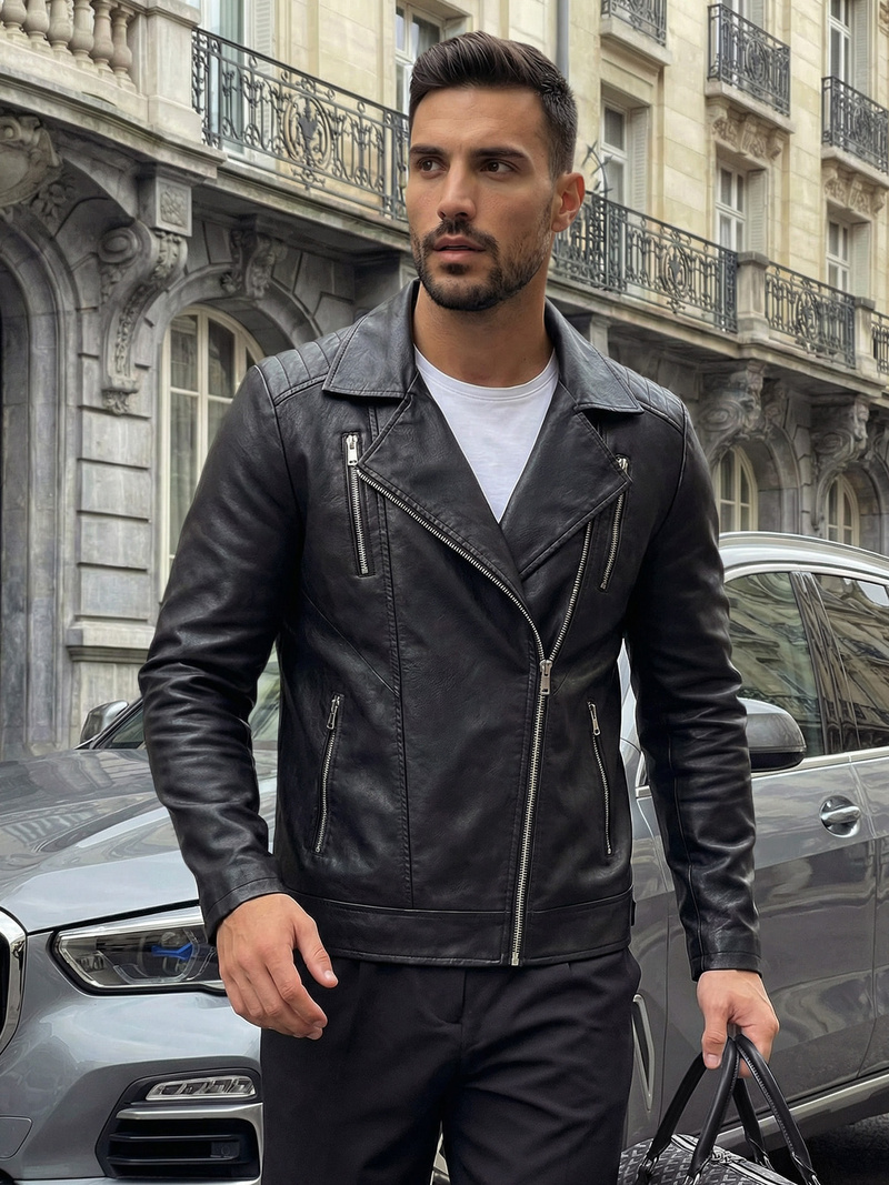 Чоловіча шкіряна куртка Чорна OZONEE JS/11Z8067Z
