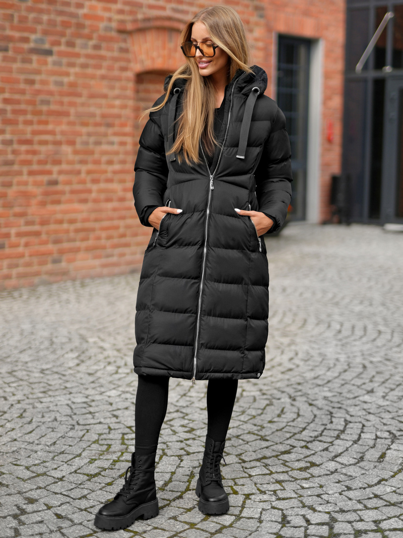 Kurtka zimowa damska długa pikowana czarna OZONEE JS/M736/392Z