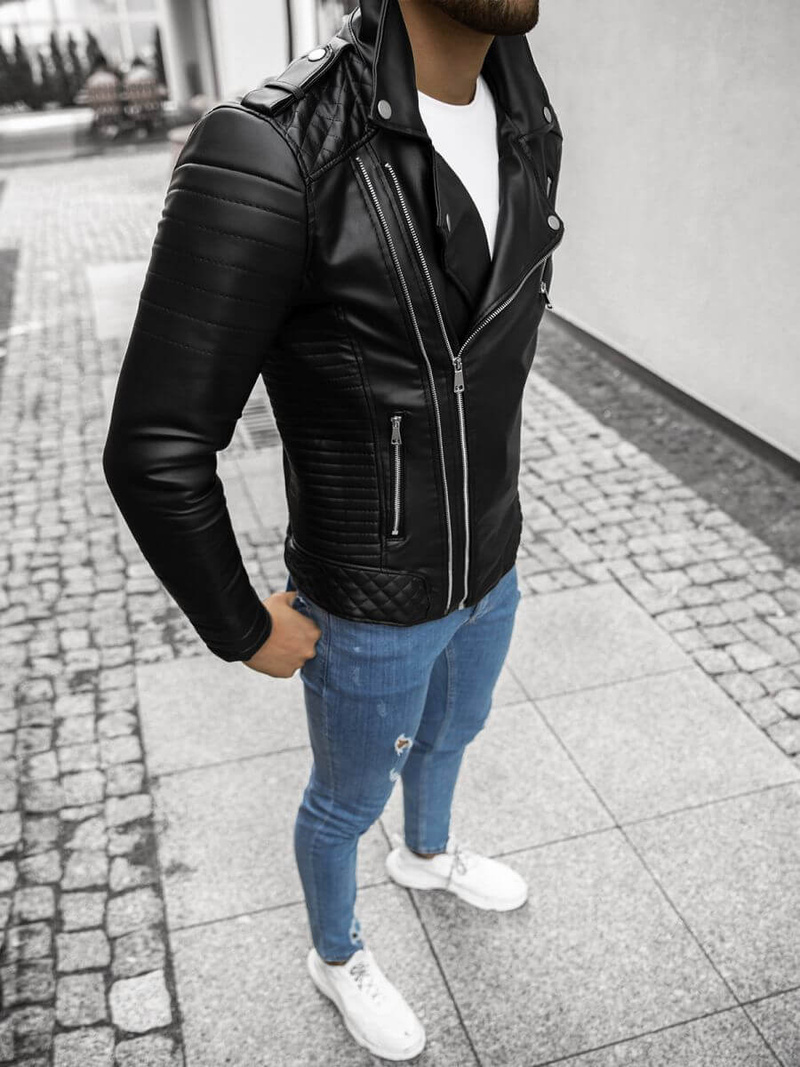 Kurtka skórzana męska ramoneska czarna OZONEE O/5629