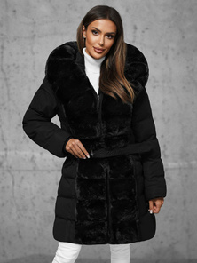 Kurtka zimowa damska długa z futerkiem czarna OZONEE JS/5M3158/392