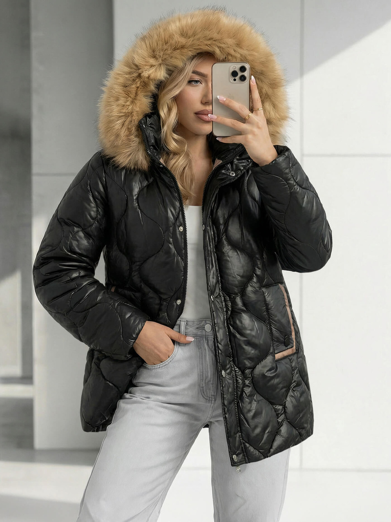 Kurtka zimowa damska z futerkiem czarna OZONEE O/5M3226/392Z