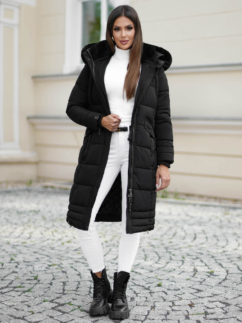 Kurtka zimowa damska długa pikowana czarna OZONEE O/W377Z