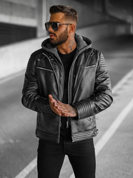 Чоловіча шкіряна куртка Чорна OZONEE JS/11Z8063