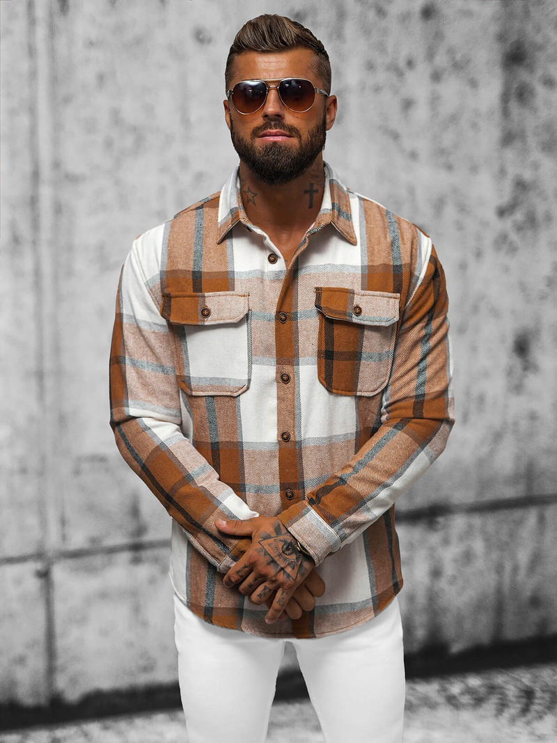 Koszula flanelowa męska brązowa OZONEE NB/MC727Y