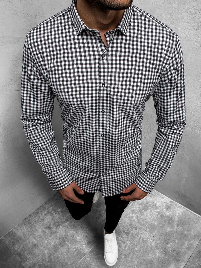 Koszula męska w kratę czarno-biała OZONEE O/3011/20