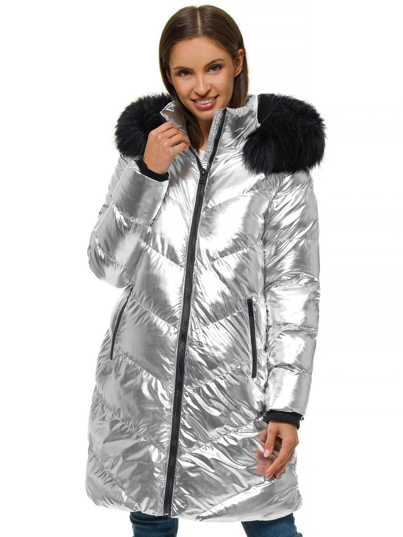 Kurtka zimowa damska parka z futerkiem srebrna OZONEE JS/M23069/2
