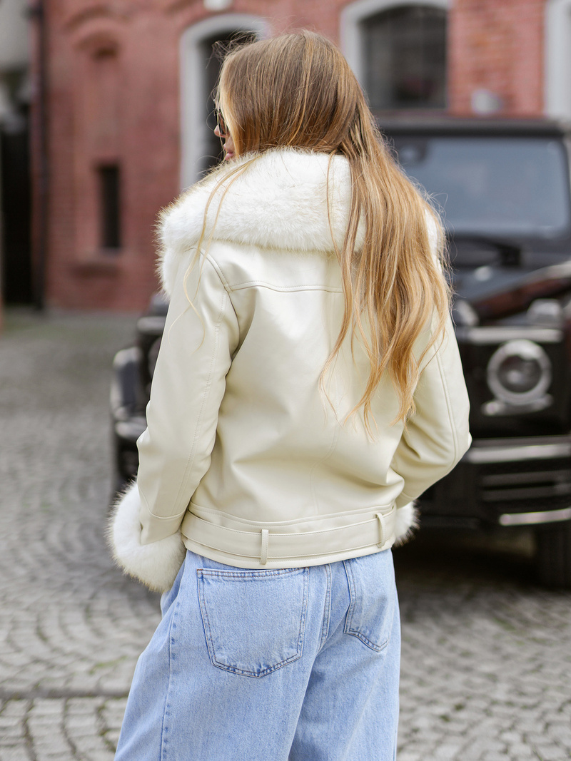 Kurtka skórzana damska z futerkiem ecru OZONEE JS/61M8507/280