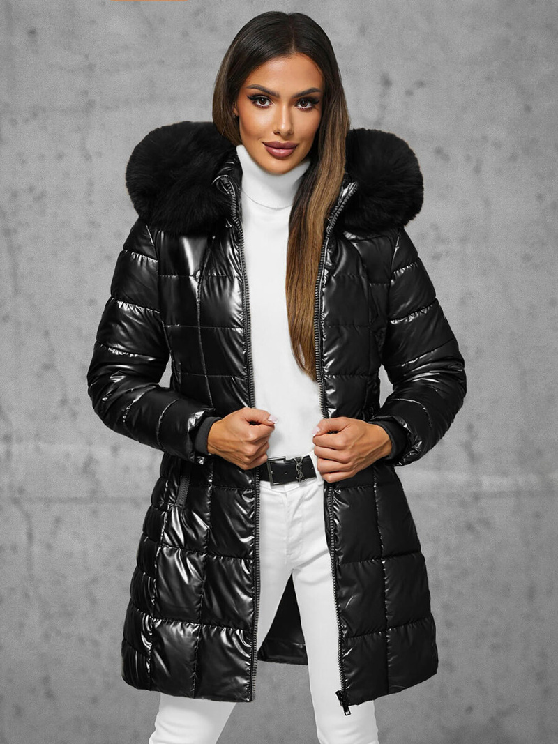 Kurtka zimowa damska długa z futerkiem czarna OZONEE JS/16M9120/392