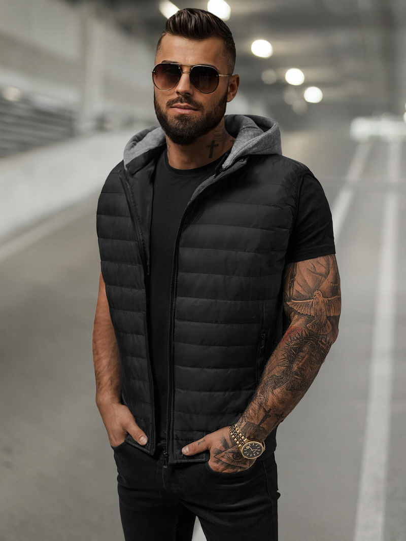 Kamizelka męska pikowana z kapturem czarna OZONEE JS/8M983/392