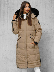 Kurtka zimowa damska długa pikowana ciemno-beżowa OZONEE O/W377