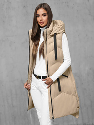 Kamizelka damska długa pikowana z kapturem beżowa OZONEE JS/M788/62Z