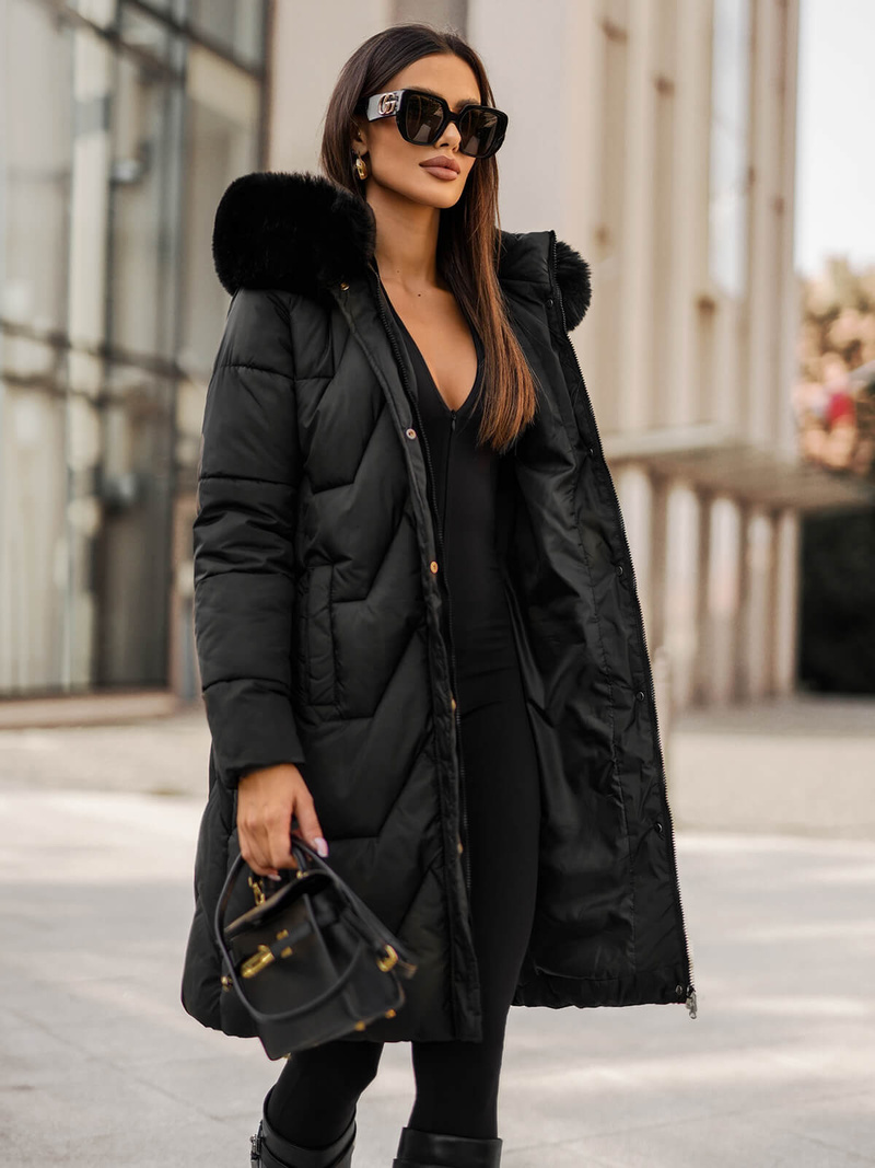 Kurtka zimowa damska długa z futerkiem czarna OZONEE JS/16M9202/392