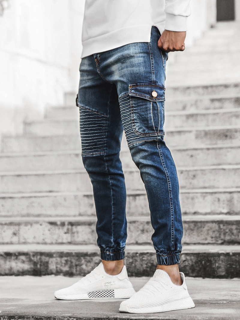 Spodnie jeansowe joggery męskie ciemno-niebieskie OZONEE G/1064