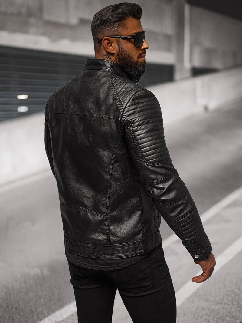 Чоловіча шкіряна куртка Чорна OZONEE JS/11Z8053