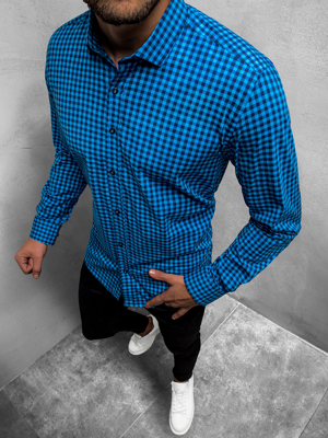 Koszula męska w kratę niebieska OZONEE O/3011/18