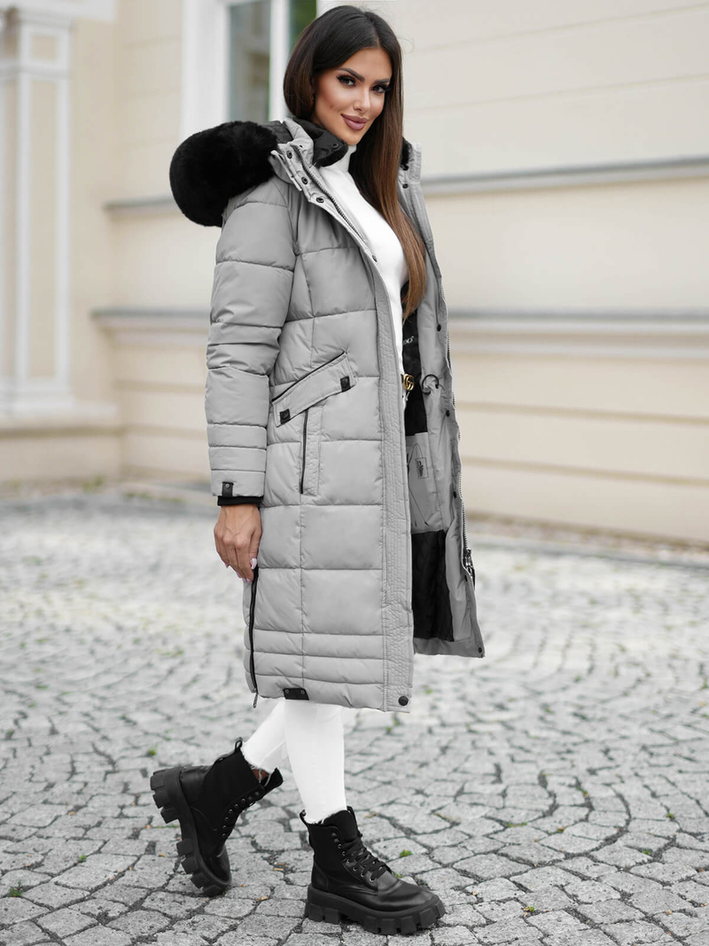 Kurtka zimowa damska długa pikowana szara OZONEE O/W377Z