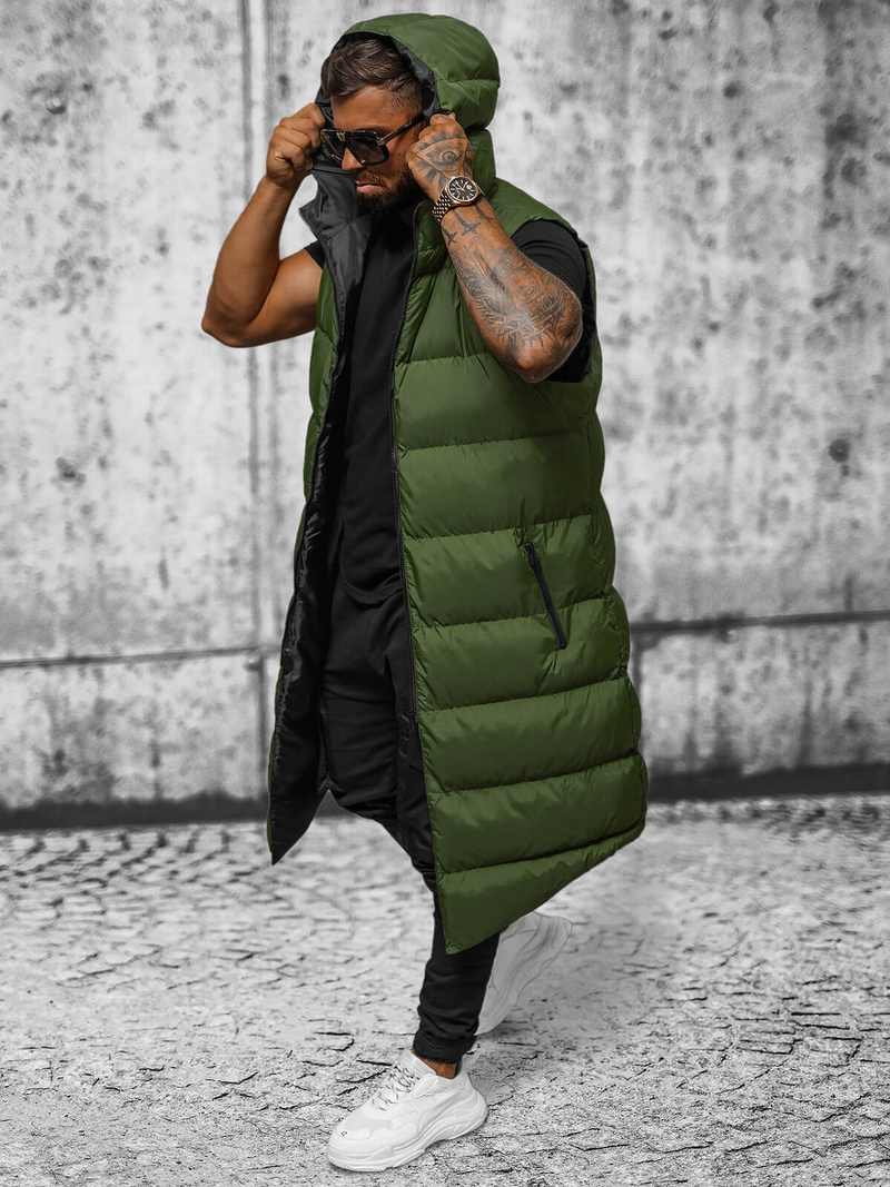 Kamizelka męska długa pikowana z kapturem zielona OZONEE O/M3203Z