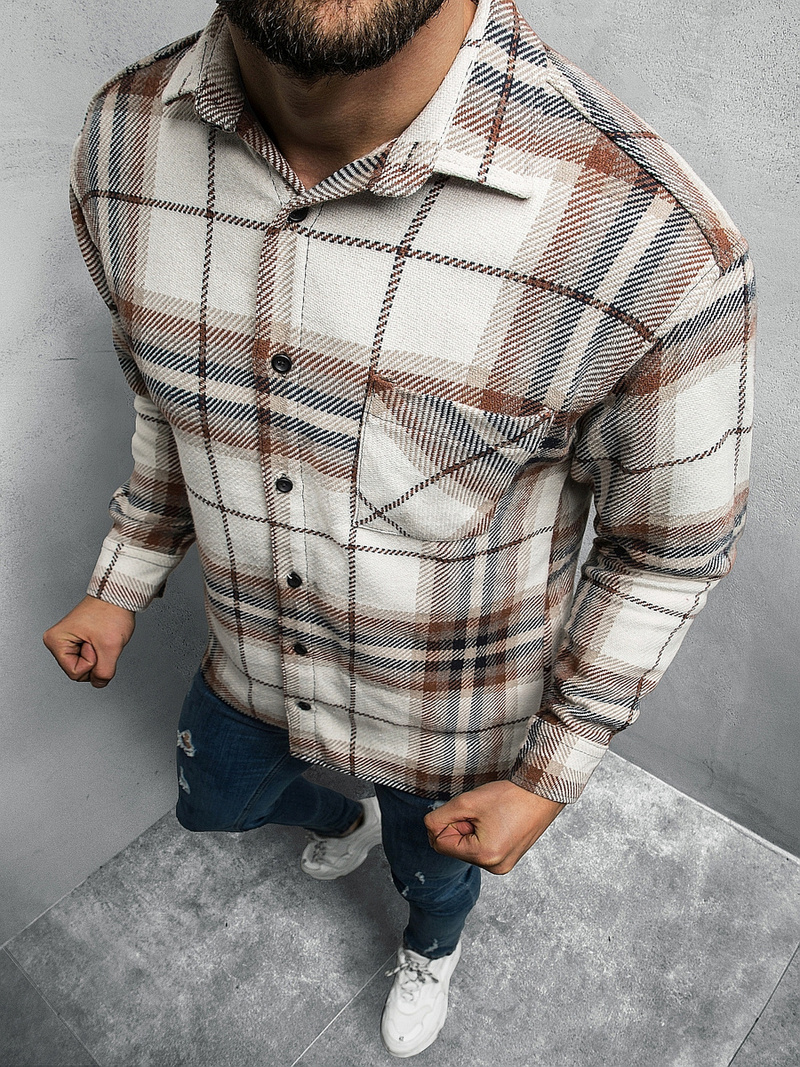 Koszula męska w kratę beżowa OZONEE E/3900/26