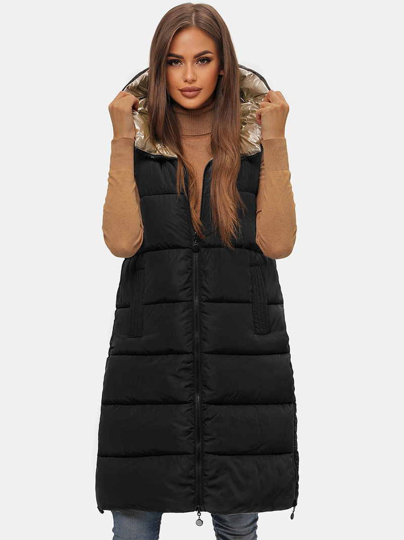 Kamizelka damska dwustronna długa z kapturem czarno-złota OZONEE O/H1121/99
