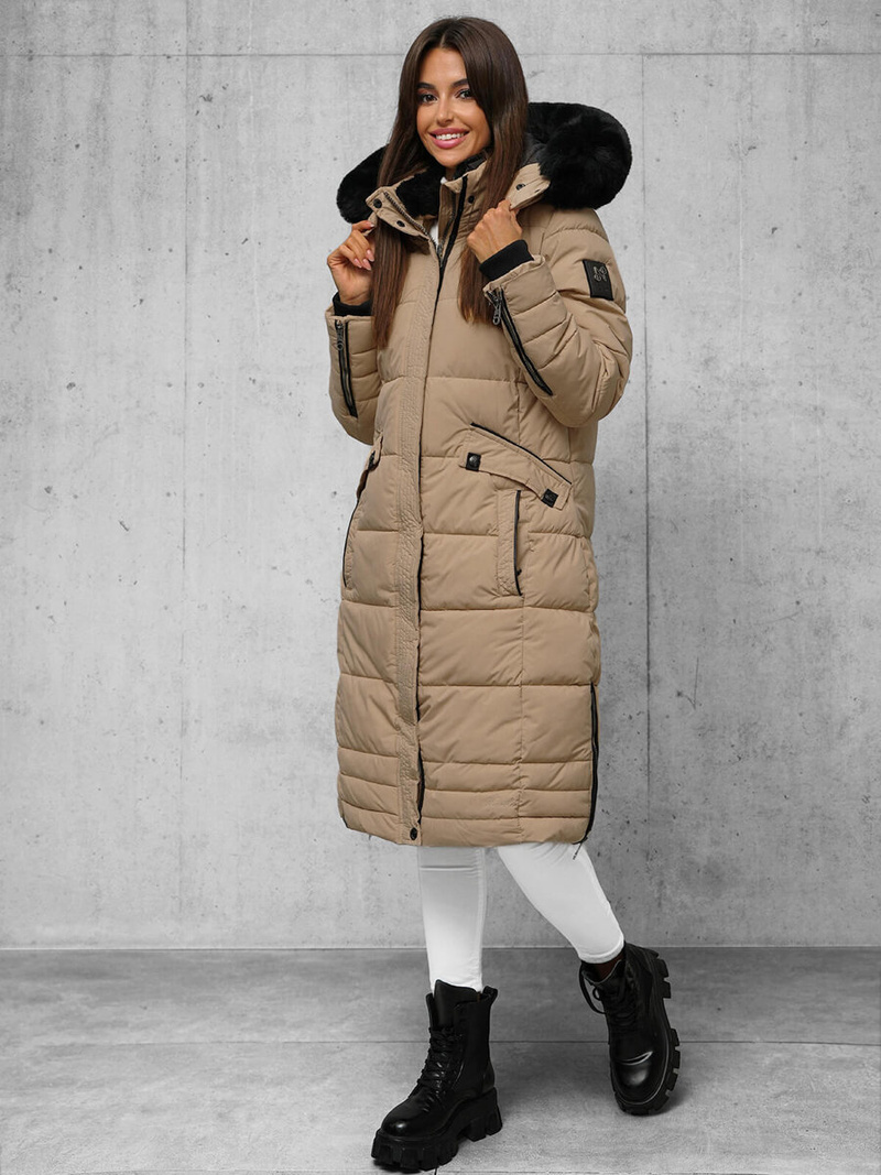 Kurtka zimowa damska długa pikowana ciemno-beżowa OZONEE O/W377