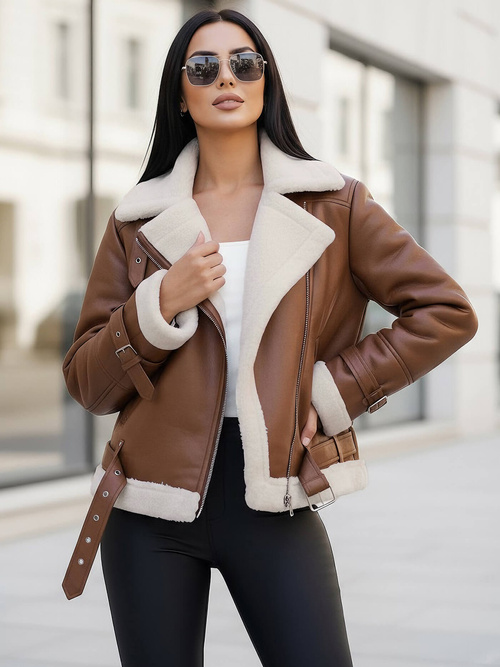 Kurtka skórzana damska z kożuchem brązowa OZONEE JS/11Z8177Z