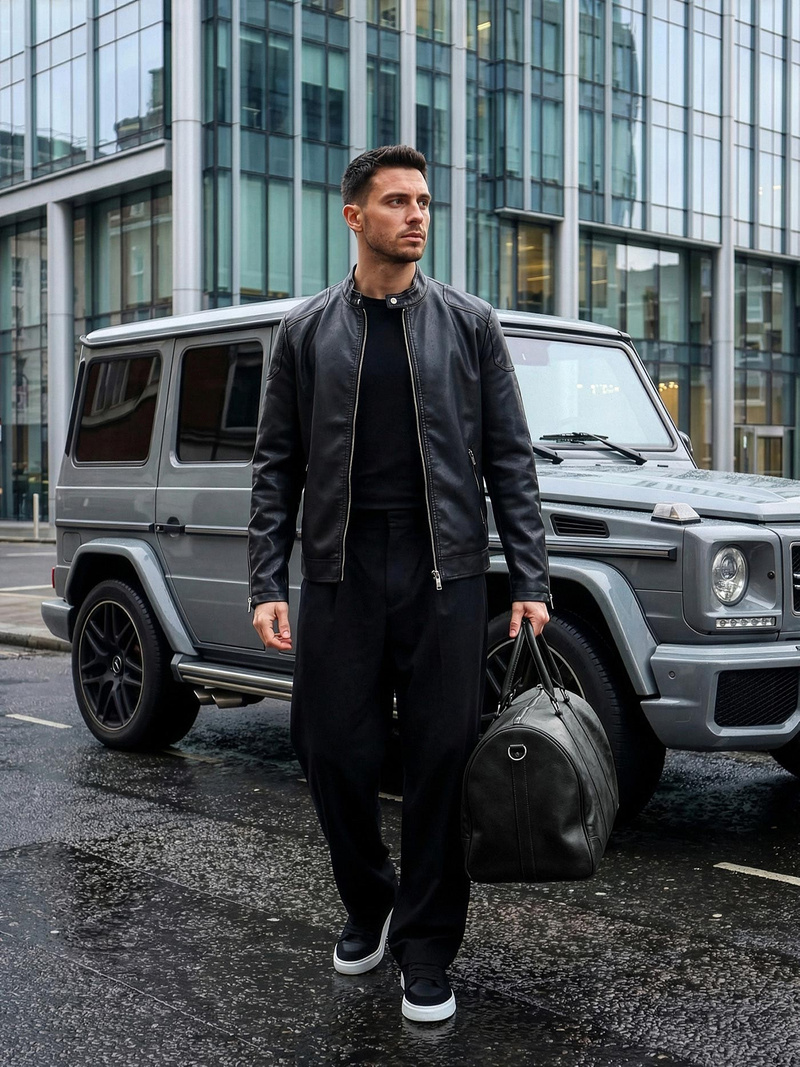 Чоловіча шкіряна куртка Чорна OZONEE JS/11Z8027