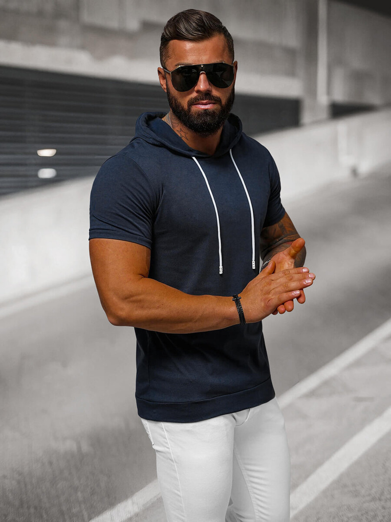 T-shirt męski z kapturem granatowy OZONEE JS/8T955/25