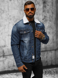 Kurtka męska jeansowa sherpa ciemno-niebieska OZONEE NB/MJ516BSZ