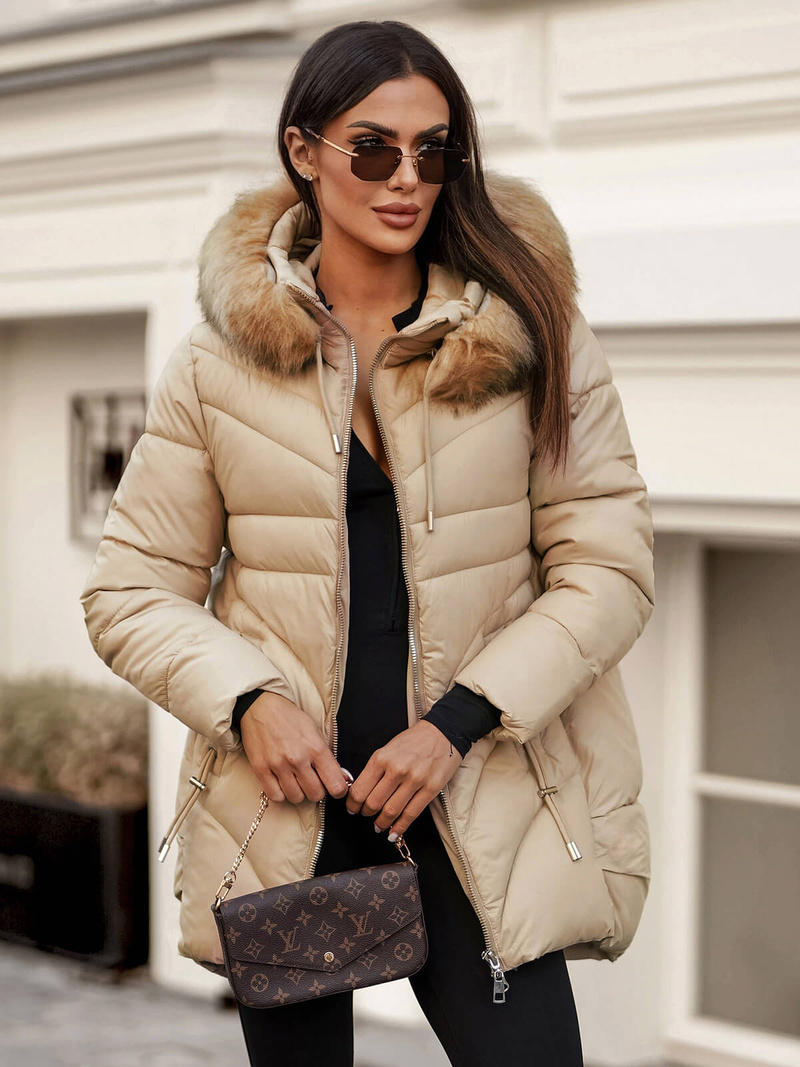 Kurtka zimowa damska z futerkiem beżowa OZONEE JS/5M3257/62