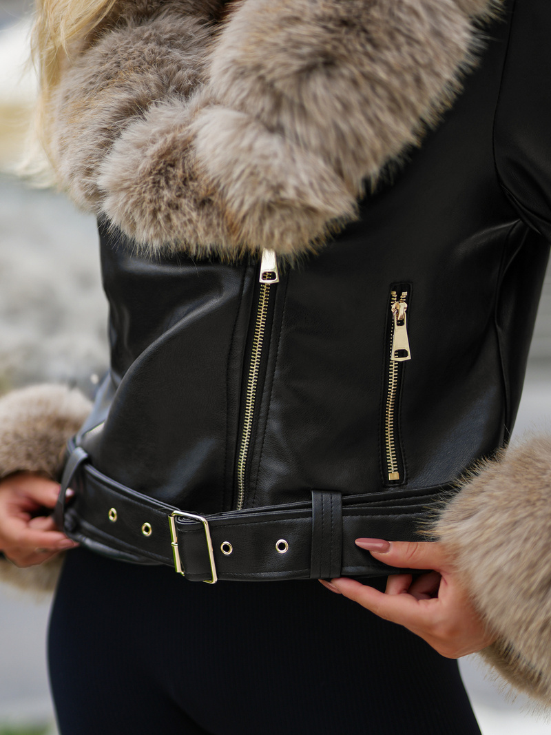 Kurtka ramoneska damska z futerkiem czarno-beżowa OZONEE JS/61M8511/392B